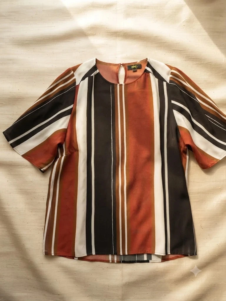 Chemise fluide oversize DNY – Rayures rouille, noir & blanc – T. 42/44 – photo 2